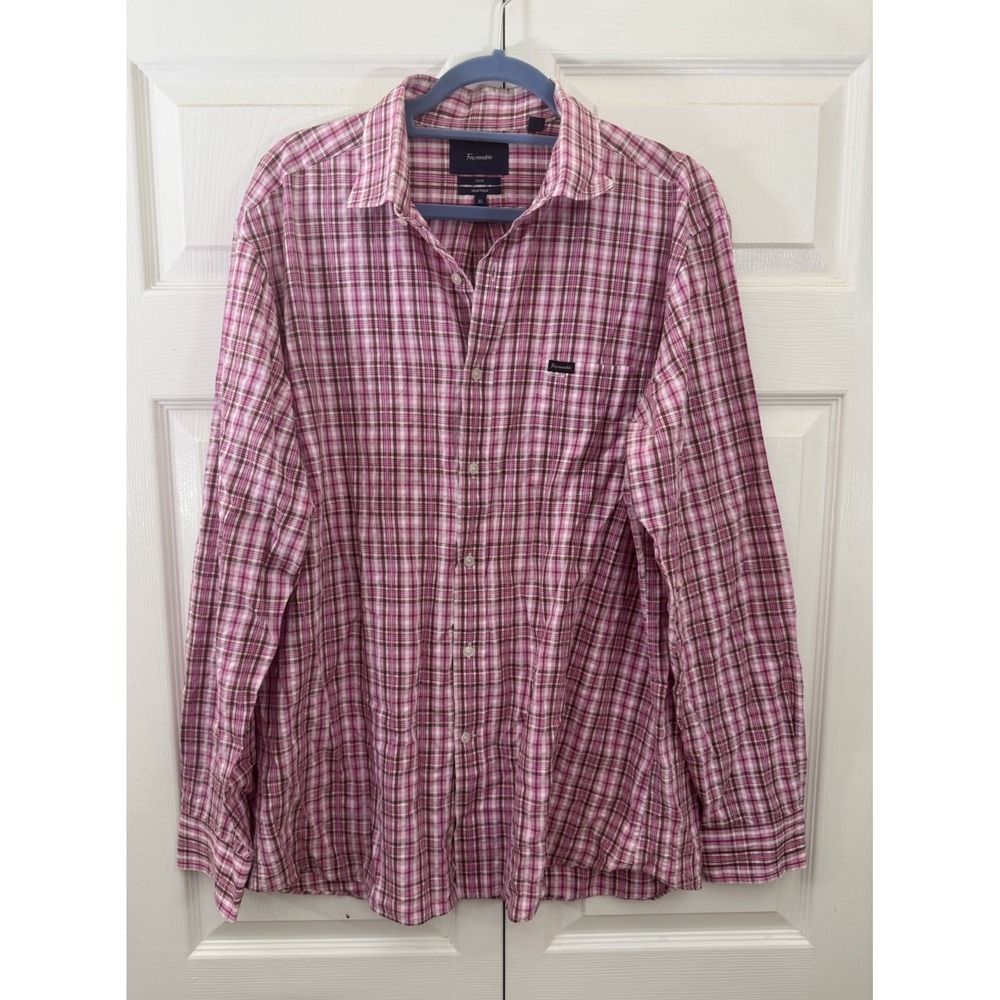 Faconnable Club Deauville Mens XL Pink Brown Plaid Button Down Shirt Long Sleeve